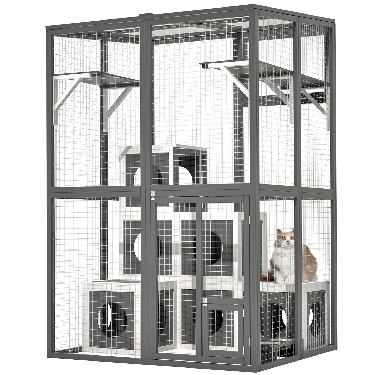 US Local Outdoor Wooden Cat Catio - Large Solid Wood Cat Cage Playpen With 2 Jumping Platforms & 7 Napping Houses, Walk-in Cat Kennel Condo Shelter, Grey