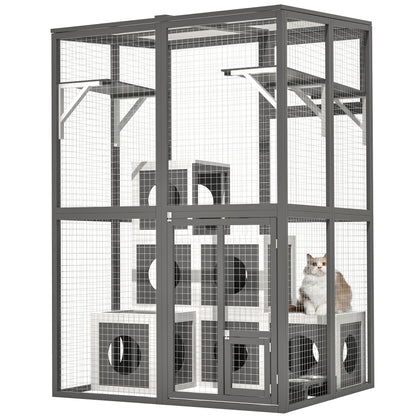 US Local Outdoor Wooden Cat Catio - Large Solid Wood Cat Cage Playpen With 2 Jumping Platforms & 7 Napping Houses, Walk-in Cat Kennel Condo Shelter, Grey