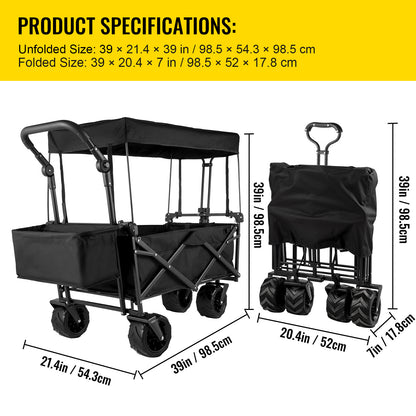 US Local VEVOR Extra Large Collapsible Garden Cart With Removable Canopy, Folding Wagon Utility Carts With Wheels And Rear Storage, Wagon Cart For Garden, Camping, Grocery Cart, Shopping Cart, Black