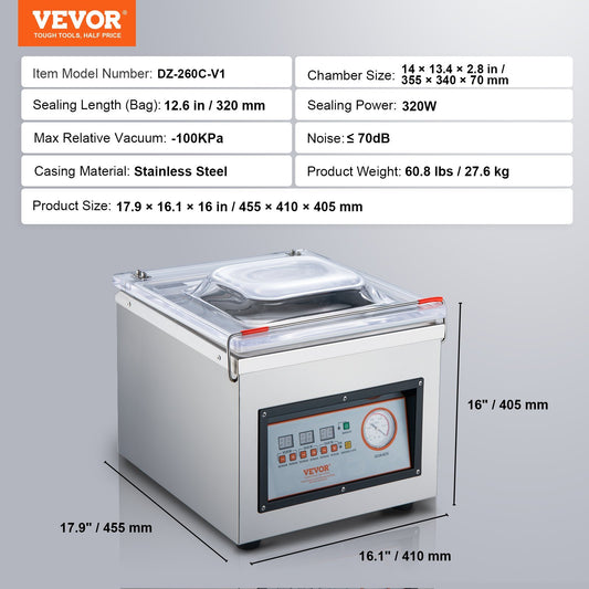 US Local VEVOR Chamber Vacuum Sealer DZ-260C Kitchen Food Chamber Vacuum Sealer, 110V Packaging Machine Sealer For Food Saver, Home, Commercial Using