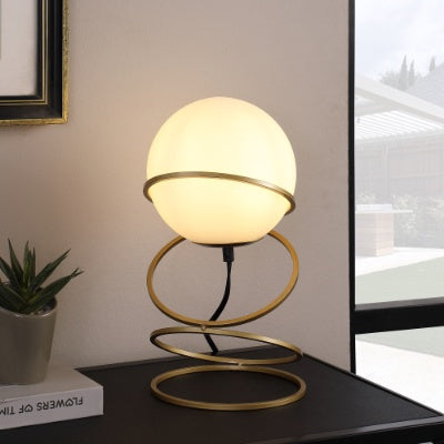 US Local 13.5 H Glass Globe Matte Gold Spiral 4 Ring Metal Stand Table Lamp For Living Room, Nightstand Bedside Table Lamp For Bedroom, LED Lamp