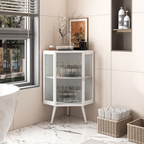 US Local Floor Conical Cabinet With Tempered Glass Door And Storage Shelves, Suitable For Bathroom, Living Room, Bedroom