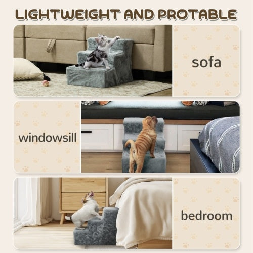 UK Local PawHut Three-Step Dog Stairs, With Washable Plush Cover, For High Bed Sofa, Dog Stairs For Small Dog And Cat - Light Grey