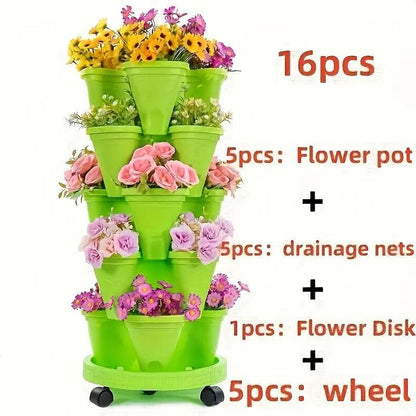 US Local 16 Pieces 5-Layer Stackable Flower Pots Vertical Garden Flowers Herbs Strawberry Vegetables Durable Plastic With Mobile Wheels Indoor And Outdoor Flower Pots