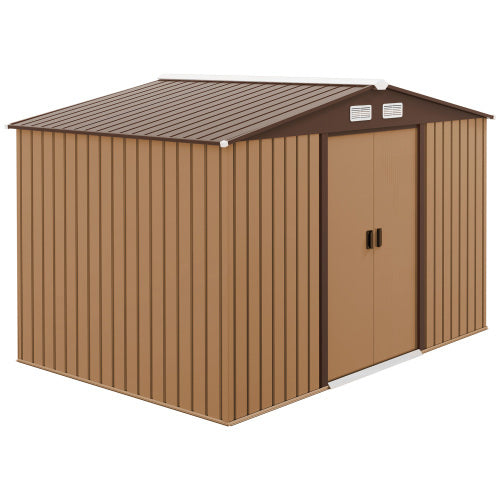 UK Local Outsunny 9 X 6ft Metal Garden Shed, Outdoor Storage Tool House With Ventilation Slots, Foundation Kit And Lockable Double Doors, Light Brown