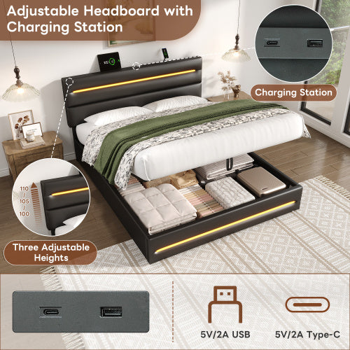 UK Local 4ft6 Double Upholstered Bed Frame With Hydraulic Storage, PU Ottoman Bed With LED Lighting And Charging Station, LED Adjustable Headboard With USB And Type - C Ports, Black