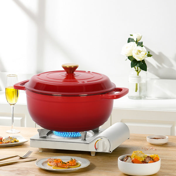 US Local Cast Iron 6QT Cooking Pot - Gradient Red - Includes Two Silicone Gloves - Enamel Pot