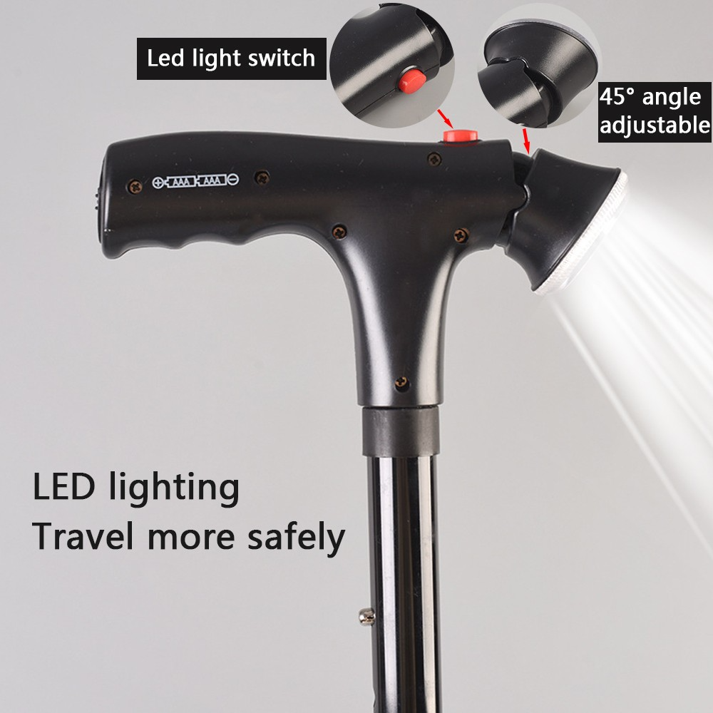 UK Local Adjustable Walking Stick Cane With LED Flashlight SOS Alarm Button For Senior Travel Hiking Trekking Pole Folding Crutch Handle Strap 5 Gears