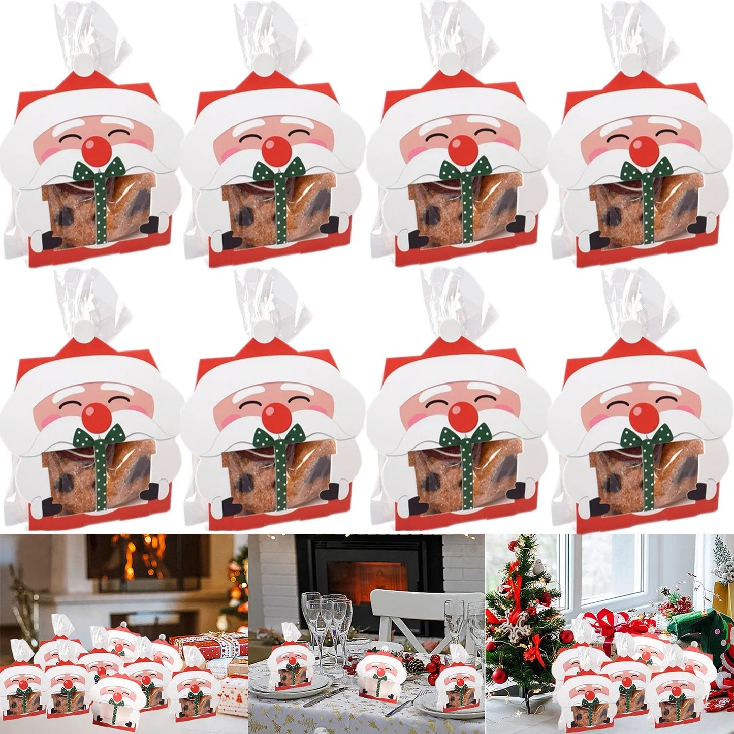 US Local 8 Pcs Mini Christmas Candy Boxes With Cellophane Bags And Twist Ties Cartoon Santa Claus Design Gift Box Paper Merry Christmas Goodie Cookie Boxes For Xmas Holiday Party Supplies