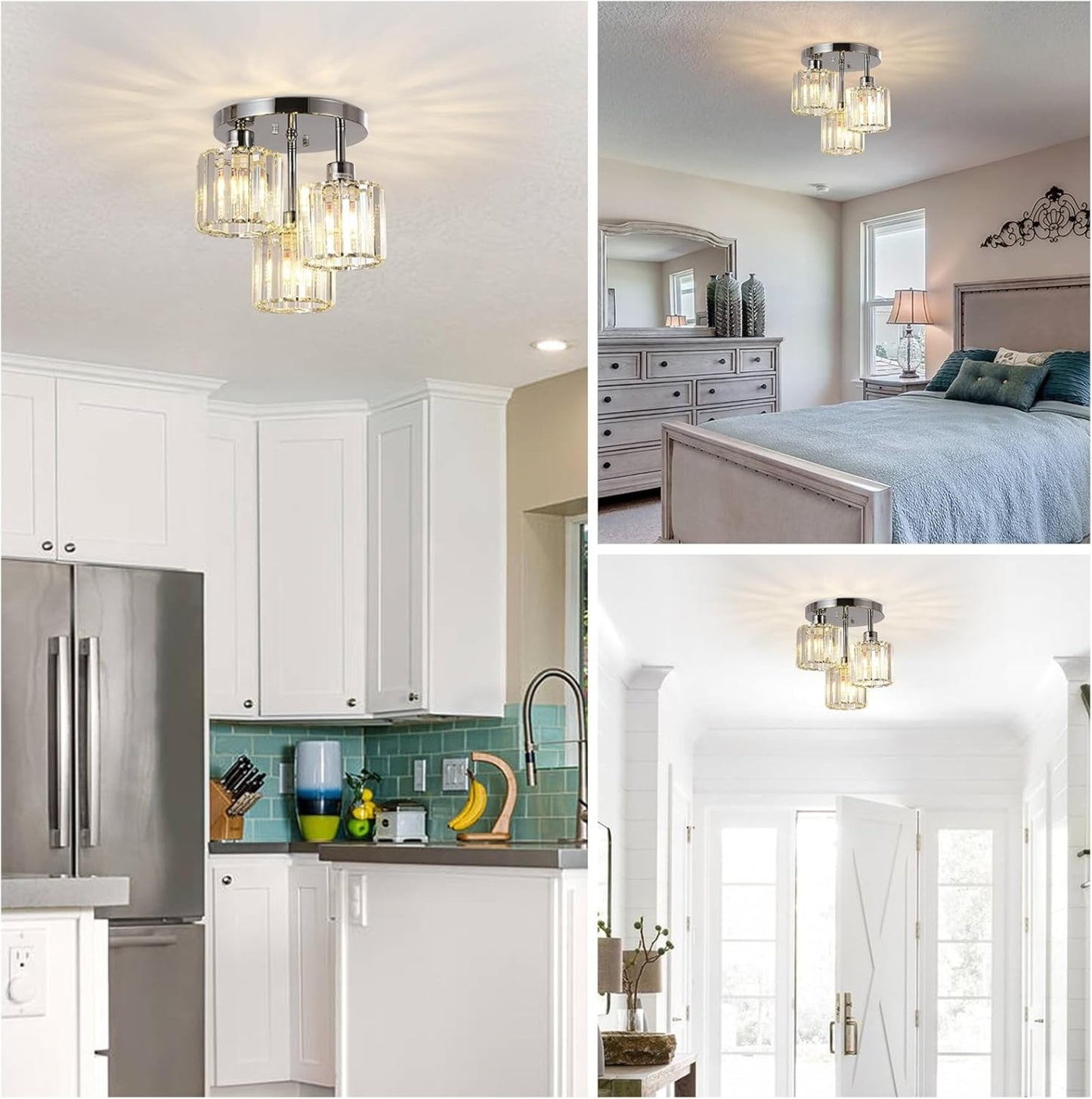 US Local Semi Flush Mount Ceiling,3-Light Kitchen Mount,Hallway Light Fixtures Ceiling With Clear Crystal Sha