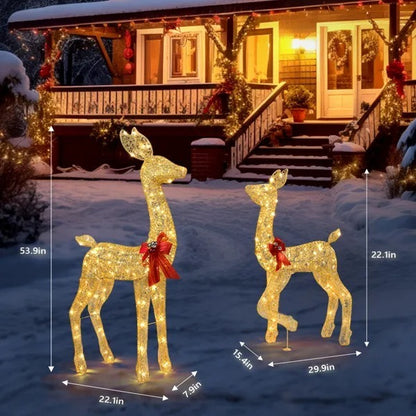 2-Piece Lighted Christmas Deer Family, Outdoor Yard Decoration Set With 210 LEDs Warm White Light, Gold