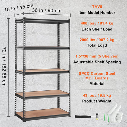US Local VEVOR Storage Shelving Unit, 5-Tier Adjustable, 2000 Lbs Capacity, Heavy Duty Garage Shelves Metal Organizer Utility Rack, Black,  For Kitchen Pantry Basement Bathroom Laundry
