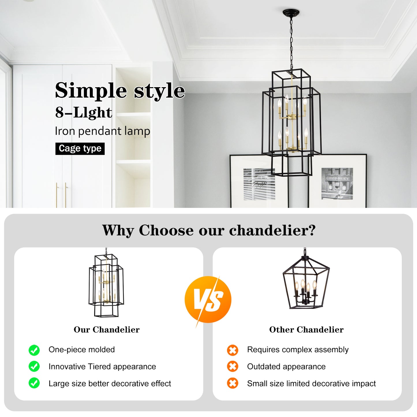 US Local 8-Light Metal Lantern Tiered Pendant Hanging Light Fixtures, Industrial Farmhouse Adjustable Height Chandeliers For Dining Room Hallway Foyer Entryway--Matte Black & Gold E12 Bulbs Not Included