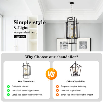 US Local 8-Light Metal Lantern Tiered Pendant Hanging Light Fixtures, Industrial Farmhouse Adjustable Height Chandeliers For Dining Room Hallway Foyer Entryway--Matte Black & Gold E12 Bulbs Not Included