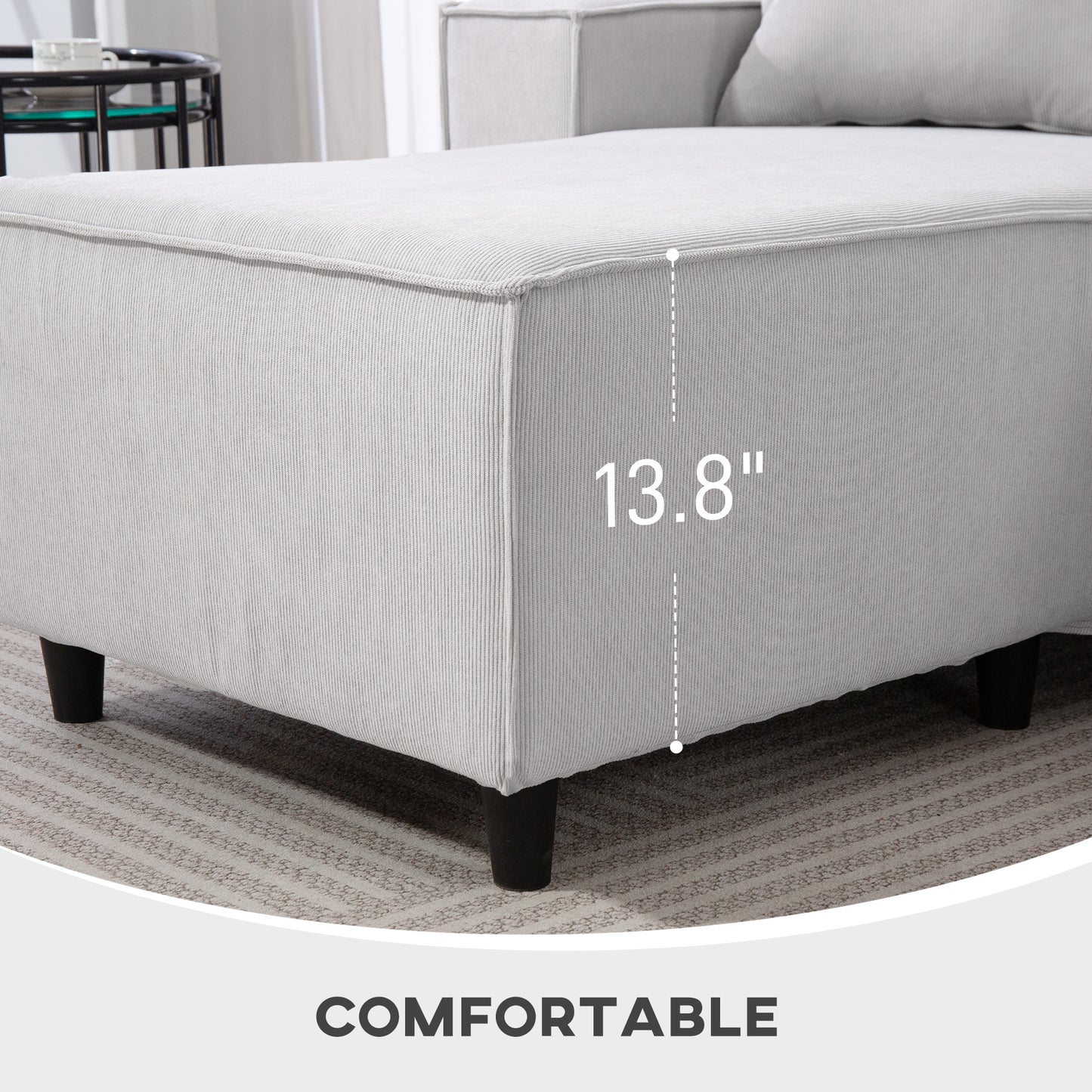 US Local Corner Sofa With Reversible Chaise Lounge, Corduroy L-Shaped Sectional Sofa With Pocket Spring, Light Gray