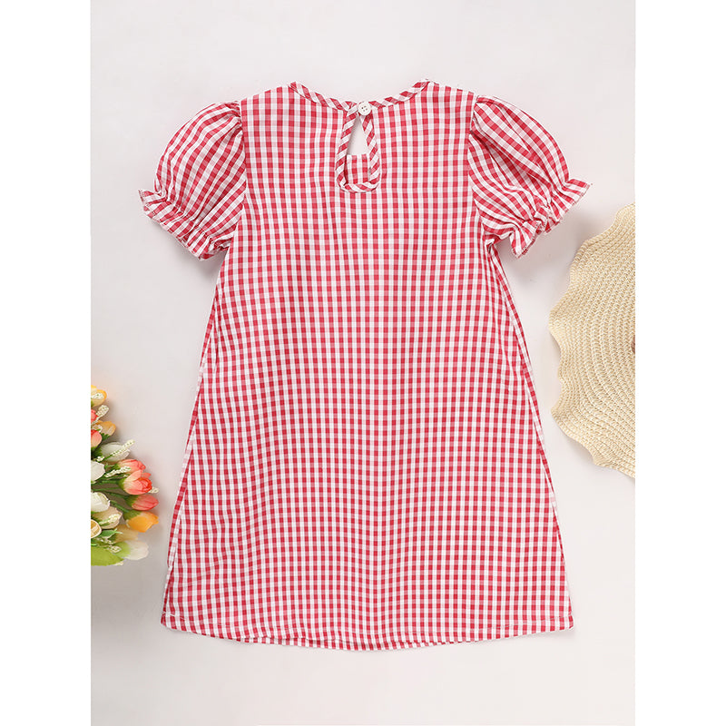 US Local Toddler Kids Girls Back To School Dress Smocked Collar Puff Sleeve Plaid Embroidered Print Dress