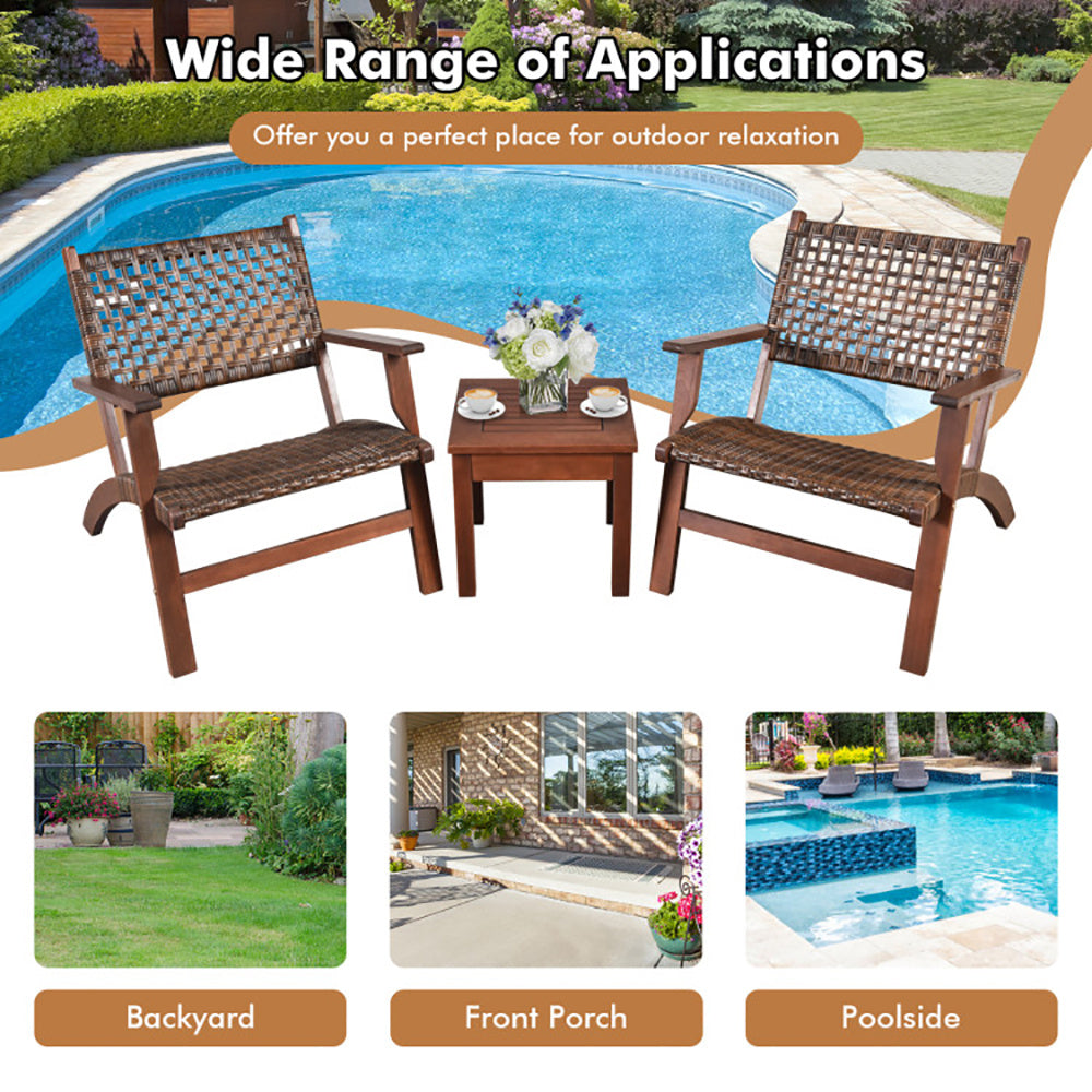 US Local 3 Pieces Outdoor Wooden Patio Rattan Furniture Set