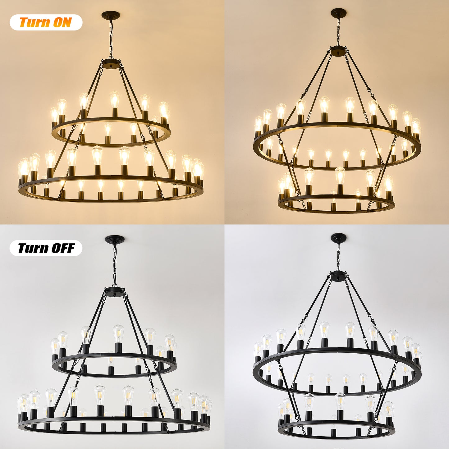 US Local 48 Inch Black Extra Large Wagon Wheel Chandelier, 2 Tier 36-Lights No Include Farmhouse Industrial Round High Ceiling Pendant Light Adjustable Chain, For Dining Room, Living Room,Kitchen