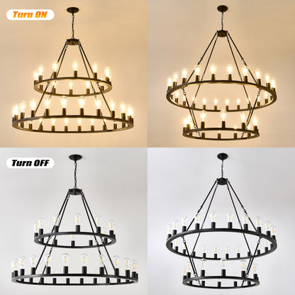 US Local 48 Inch Black Extra Large Wagon Wheel Chandelier, 2 Tier 36-Lights No Include Farmhouse Industrial Round High Ceiling Pendant Light Adjustable Chain, For Dining Room, Living Room,Kitchen