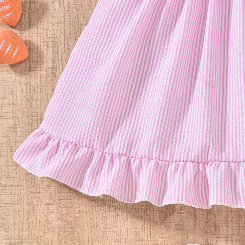 US Local Toddler Girl's Bunny Embroidered Dress, Round Neck Short Sleeve A-Line Dress With Back Button Closure