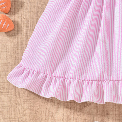 US Local Toddler Girl's Bunny Embroidered Dress, Round Neck Short Sleeve A-Line Dress With Back Button Closure