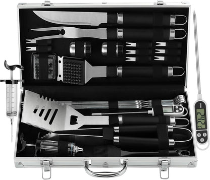 US Local Grilljoy 24PCS BBQ Grill Tools Set With Meat Thermometer And Injector - Extra Thick Stainless Steel Fork, Spatula& Tongs - Complete BBQ Accessories In Aluminum Case - Perfect Grill Gifts For Men