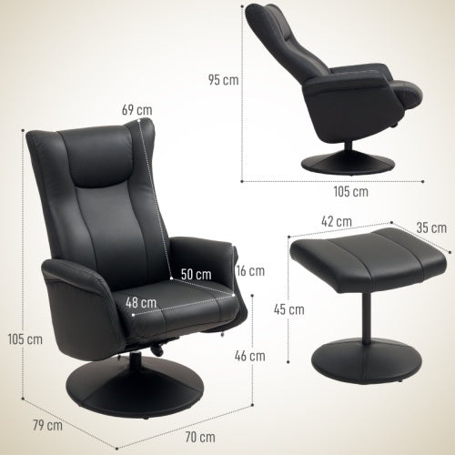 UK Local HOMCOM Swivel Recliner Chair With Footstool, PU Leather Recliner Armchair With Adjustable Back And Steel Frame, Reclining Chair Lounge With Flared Armrests For Living Room, Black