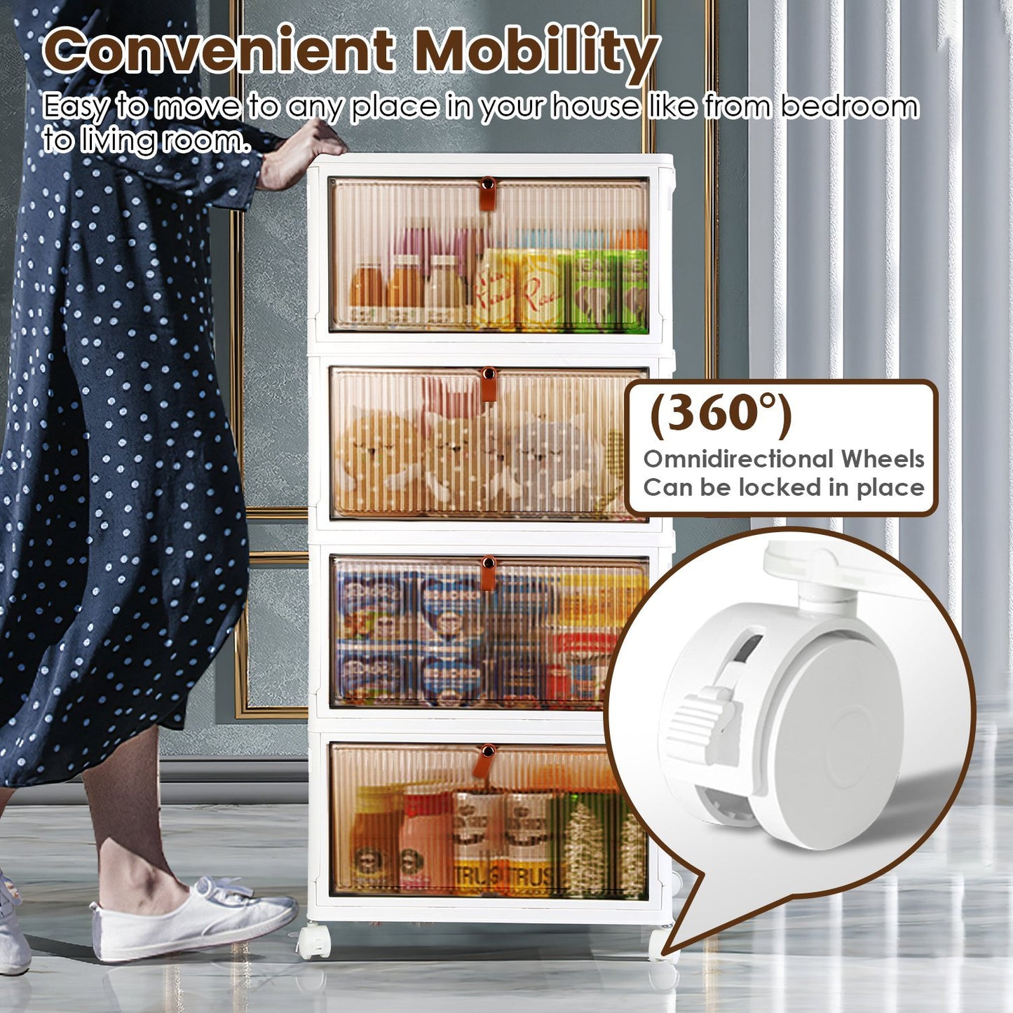 US Local 4Pc Foldable Storage Bins With Lid Front Magnetic Door Collapsible Stackable Closet Organizer Containers With 4Pcs 360 Degree Rotatable Wheels