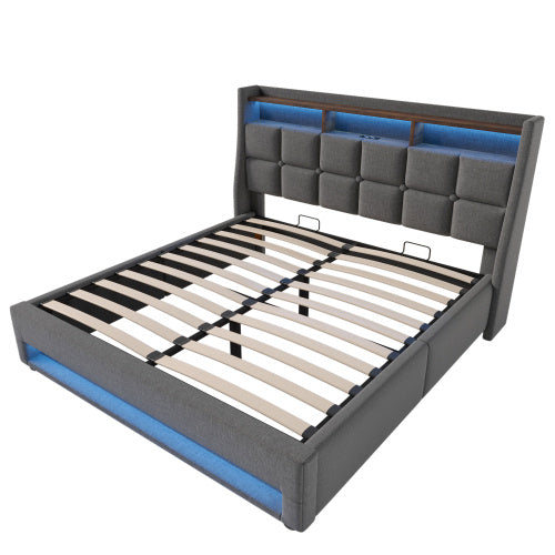UK Local Upholstered Double Bed 135 X 190 Cm With LED Lighting, USB Type-C Charging Function, Storage Headboard, 4FT6 Double Bed Storage Bed Frame With Metal Slatted Frame, Linen, Grey No Mattress