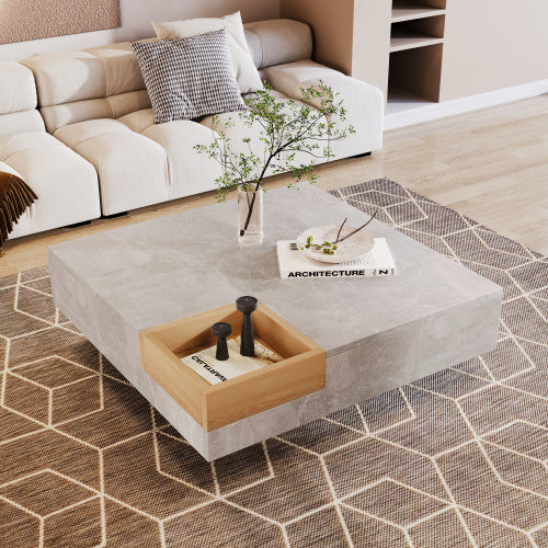 UK Local Coffee Table, Living Room Table, Side Table With Removable Storage Box, Concrete Gray And Wood Color, 72x72x30 Cm