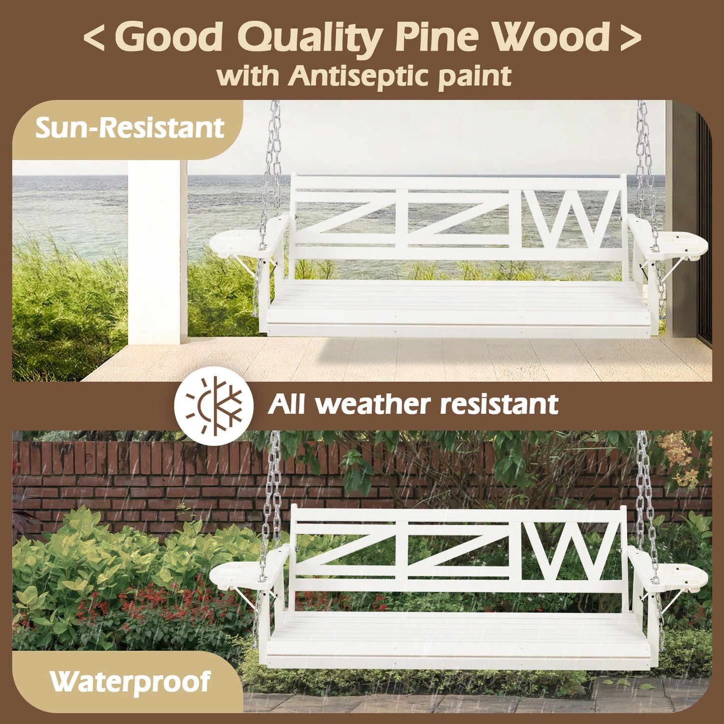 US Local Wooden Outdoor Porch Swing With 3-seat