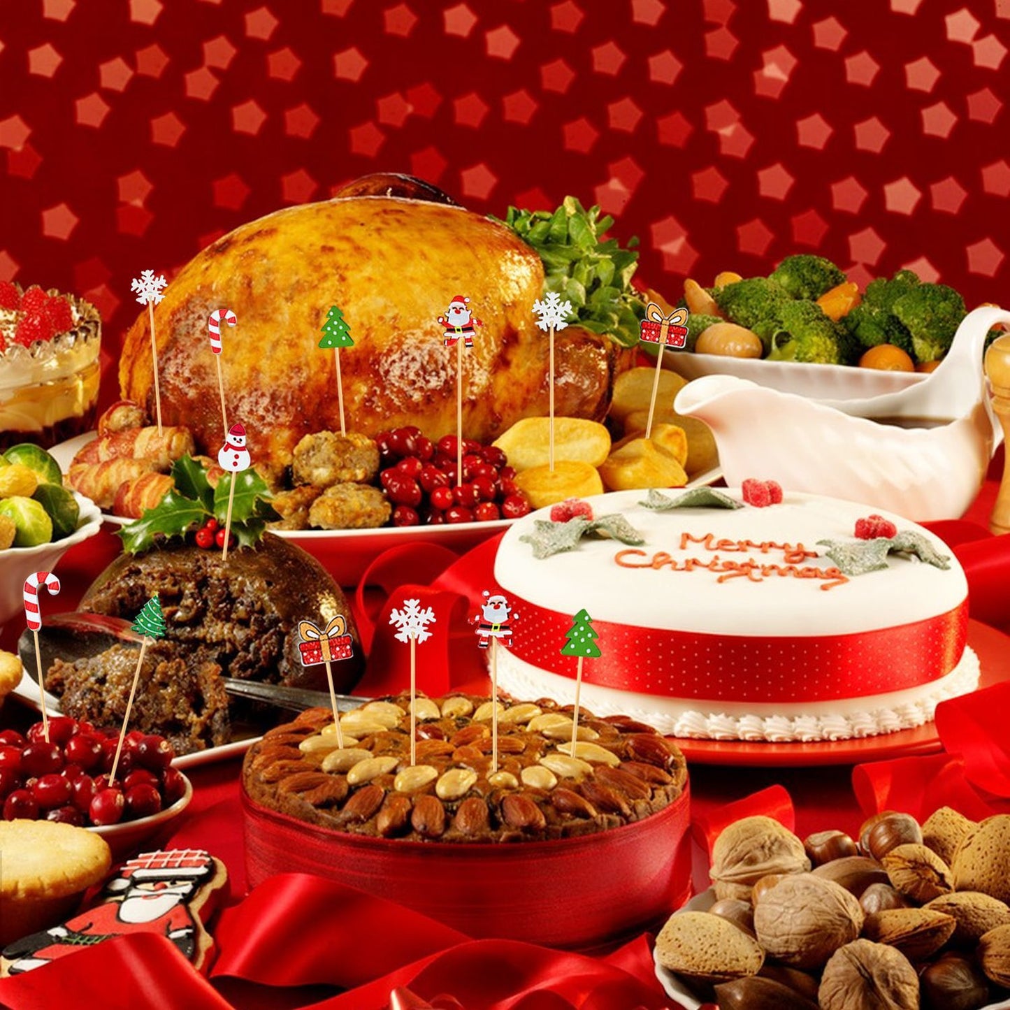 US Local Christmas Cocktail Pick Xmas Tree Snowflake Snowman Santa Claus Reindeer Pattern Sticks Cupcake Fruit Food Appetizer Skewers 4.9 In Bamboo Toothpicks For Christmas Holiday Party Favor Supplies