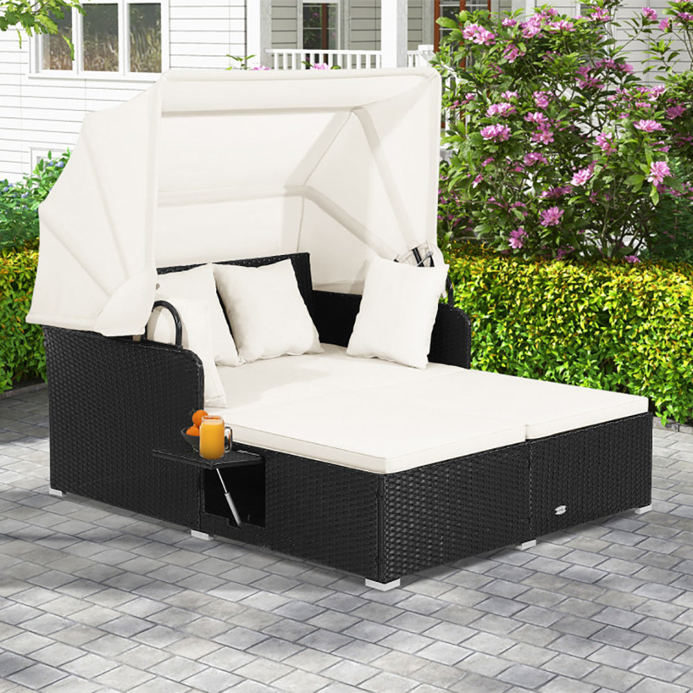 US Local Patio Rattan Daybed With Retractable Canopy And Side Tables