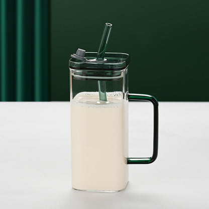 US Local 1 Pcs Green Glass Straw Cup, 6 Colors Square Glass Cup With Straw And Lid, High Borosilicate Glass Cup, Milk Cup, Juice Cup, Cold Drink Cup, Coffee Cup, Tea Cup, Office Cup, Gift Cup