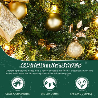 US Local 60in Pre-lit Christmas Wreath, Lighted Artificial Xmas Wreath With 220 Cold & Warm White Lights And 600 PVC Tips And DIY Ornaments, For Front Door Gate Wall Xmas Party Decorations, Light Green