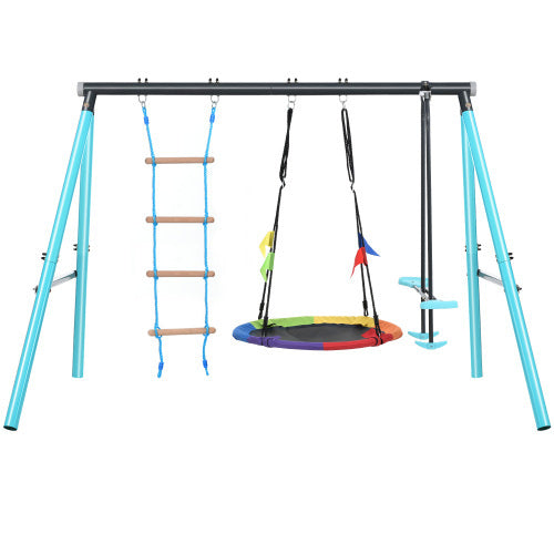 UK Local Kids Swing Swing Seesaw Set With Metal Frame, Nest Tree Swing, , Seesaw Height Adjustable, Climbing Ladder & Climbing Net, Backyard Playground Outdoor Play Frame Toy For Children, Over 3 Years Old