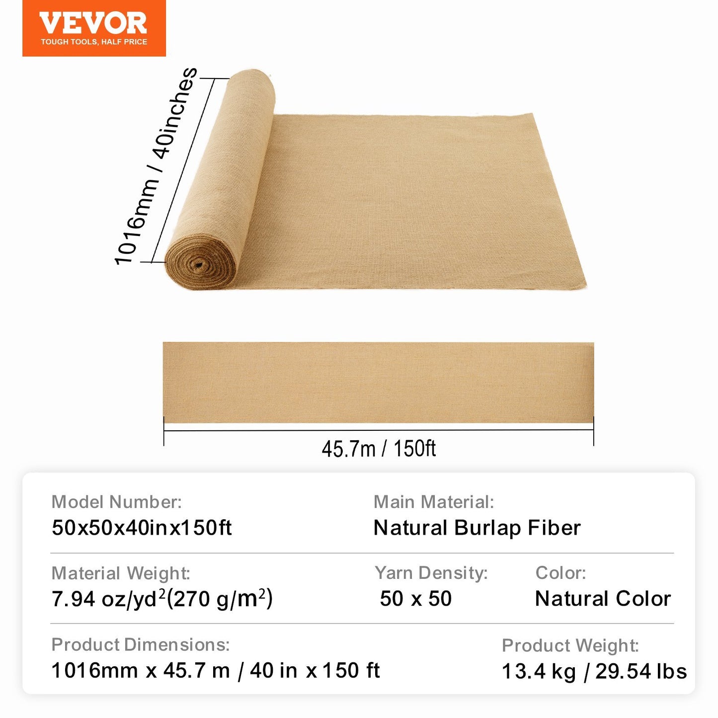US Local VEVOR Burlap Fabric Roll Burlap Tree Wrap 40 In X 150 Ft For Crafts & Plants