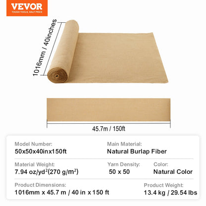 US Local VEVOR Burlap Fabric Roll Burlap Tree Wrap 40 In X 150 Ft For Crafts & Plants
