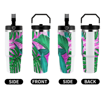 POD US Local Tumbler 30oz Large Capacity Car Cup Tropical, Monstera, Pink Background Style