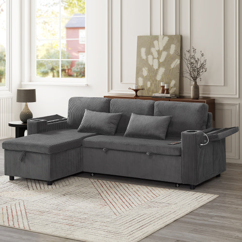 UK Local 3 In 1 Convertible Corduroy Sofa Bed With Storage Chaise, L Shaped Sleeper Sofa Couches With Armrest Storage And Charging Station. Pullout Sectional Daybed For Living RoomBedroomOffice, Grey