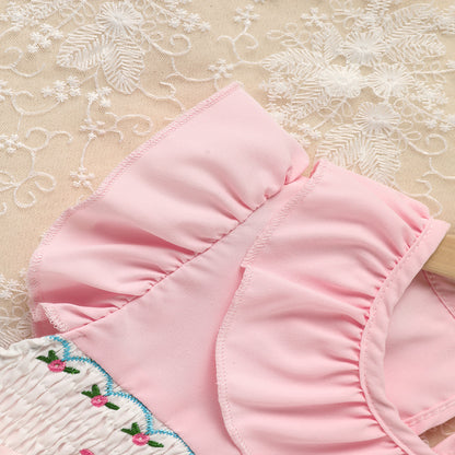 US Local Toddler Girl's Pink Ruffle Sleeve Dress Letter Embroidery & Bow Detail With Back Button Closure