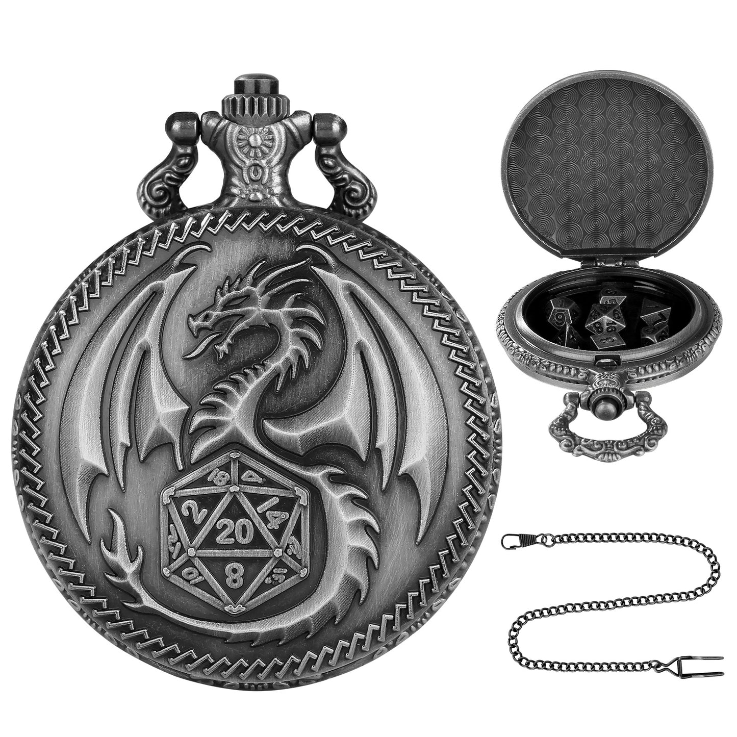 US Local Creative Thick Chain Pocket Watch Set, Equipped With 7 Mini DND Game Polyhedral Metal Dice Tabletop Role-playing Game Dice, Enhancing RPG Gaming Experience And Providing Players With Unique Gifts