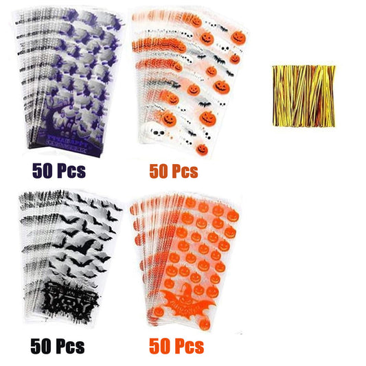200 Pcs Halloween Cellophane Bags With Twists 4 Styles Snacks Cookies Packing Bags Pumpkin Bat Castle Witch Plastic Clear Candy Bags For Halloween Trick Or Treat Party Favor Supplies