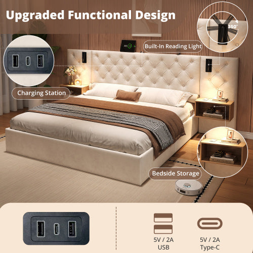 UK Local King Upholstered Bed With Charging Station, Velvet Hydraulic Storage Bed With Reading Light, 5ft King Bed Frame With Handmade Button Tufted Wide Headboard And Bedside Storage, Beige