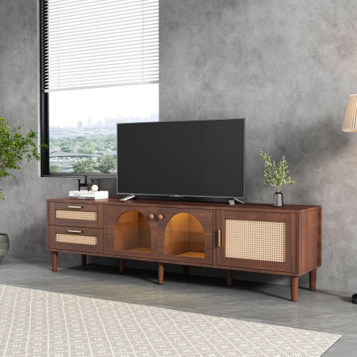 US Local Rattan TV Stand With 3 Cabinets 2 Drawers, Rattan-inspired Media Console Table For TVs Up To 80'', LED Light Entertainment Center, TV Cabinet For Living Room, Bedroom, Home Theatre