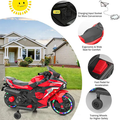 US Local Kids Powered Ride-ons Toy, Kids Motorcycle For 3-6Years, 12V Electric Ride On Motorcycle With Light Wheel & Bluetooth Music-Red