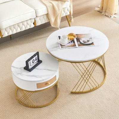 UK Local White Two-piece Coffee Table Set With Rattan Drawers, Gold Accents And Marble-style PVC Sticker Tabletop