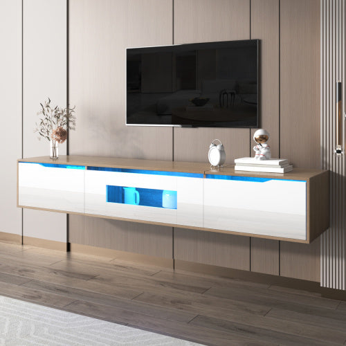 UK Local TV Cabinet, High Gloss TV Cabinet, Color Matching High-glosswhite And Wood Color, With Color Changing LED Light.