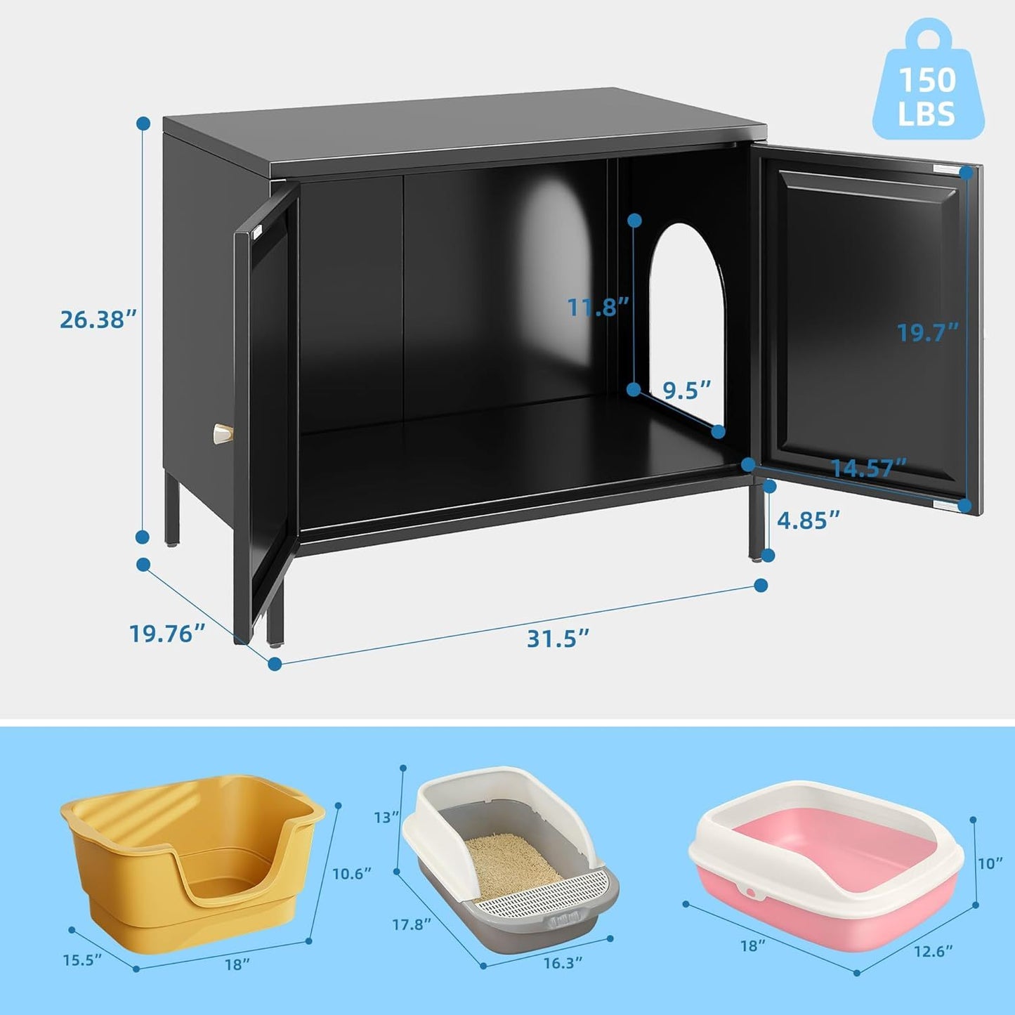 METAN Cat Litter Box Enclosure, Metal Cat Washroom Furniture With Barn Door, Pet House, Fit Most Of Litter Box,Black,Assembly Required