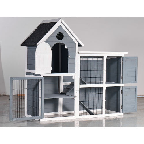 US Local Large Outdoor Chicken Coop Cage Weatherproof 2-Story Chicken Coop  Rabbit Hutch, Wooden Indoor Outdoor Pet House With No-Leak Tray, Waterproof Roof  Pull-Out Tray 50.98 Lx 48.23 H, Grey, Blue